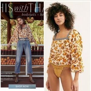 FREE PEOPLE Intimately Blooming Borders  Yellow Floral Bodysuit Size M/M